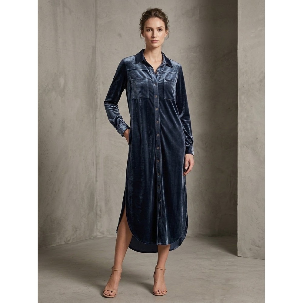 Umgee USA Blue Velvet Button Front Midi Shirt Dress High Low A6806 Small